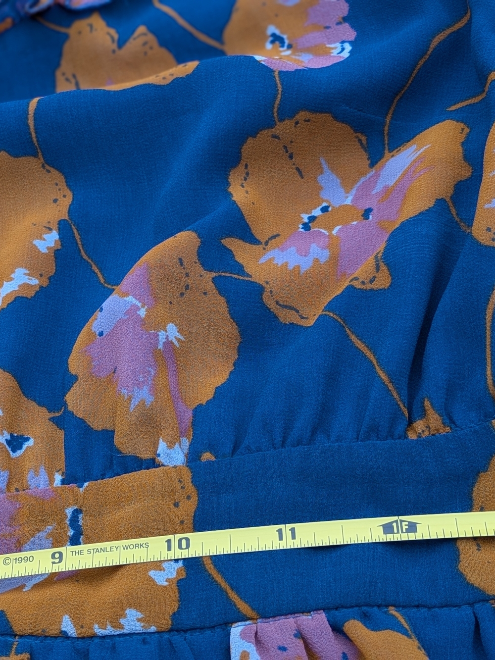 Modcloth Blue Floral Ruffle Neck Midi Dress with Orange & Pink Accent Flowers. - Picture 6 of 7